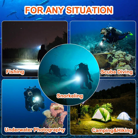 Image showing various uses for the Beast 2000 Lumen Scuba Dive Light including snorkeling, scuba diving, fishing, and camping.