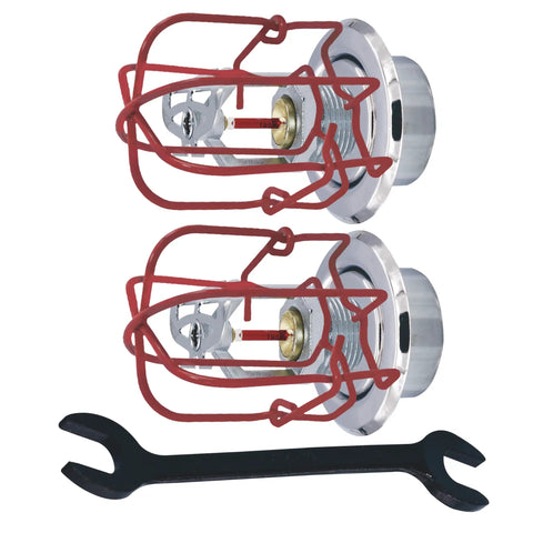 Heavy Duty Chrome Fire Sprinkler Head Horizontal Sidewall Spray Kit with two heads and wrench for quick installation.