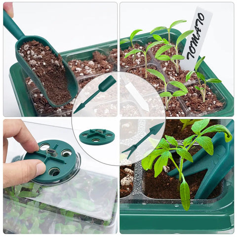Close-up of Two-Pack Seed Starter Tray Propagation Station With Full Spectrum Grow Light, showing seedlings, soil tools, and humidity dome.