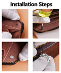 24-Piece 10mm Silvery Rivets D Ring Studs Ball Posts With Tool For Bags Belts Backpacks And DIY Accessories Heavy Duty Craft Hardware Set Ideal For DIY Enthusiasts And Craft Lovers Upgrading Bags And Belts With A Simple Durable Hardware Kit. Installation steps showing rivet tool use on a leather bag zipper