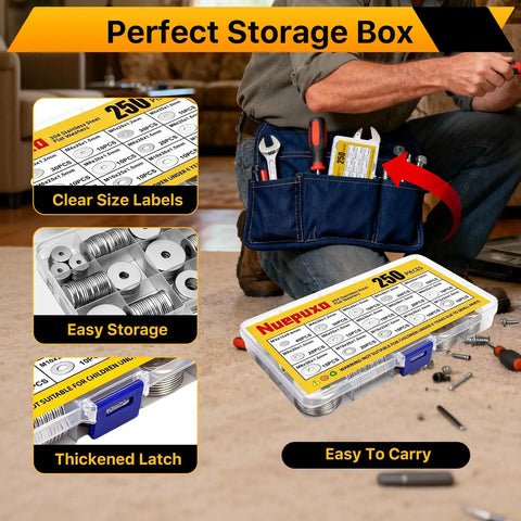 250 Piece Flat Washers Set In 304 Stainless Steel Fender Style 15 Sizes M3 M12 in storage box with clear labels