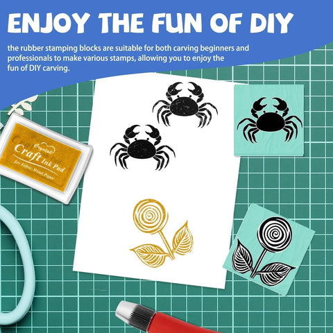 2x2 Inch Rubber Carving Blocks Stamp Making Kit For Beginners With crab and flower designs on linoleum block printmaking set.