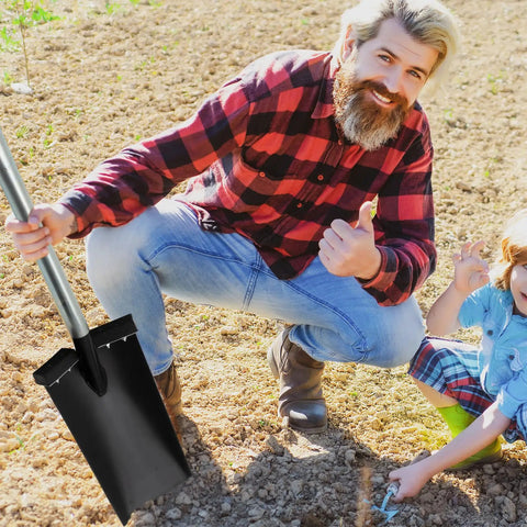 Person holding a Two Pack All Steel D Grip Shovels With 13 Inch Blades And Removable Footpads For Digging on a garden plot