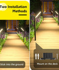 Solar Pathway Lights 4 Pack Outdoor Waterproof Garden Lighting for Driveway Walkway Patio Sidewalk Solar Powered with Cool to Warm White LEDs Easy Install Zero Hassle Setup and Weatherproof Design showing two installation methods on a wooden walkway at night.