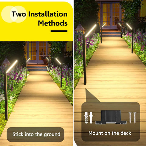 Solar Pathway Lights 4 Pack Outdoor Waterproof Garden Lighting for Driveway Walkway Patio Sidewalk Solar Powered with Cool to Warm White LEDs Easy Install Zero Hassle Setup and Weatherproof Design showing two installation methods on a wooden walkway at night.