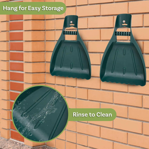 Leaf Scoops Hand Rakes For Easy Leaf Cleanup And Mulch Spreading Ultra Lightweight Yet Durable Grabber Tool hanging on wall