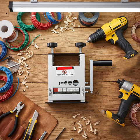 Adjustable Manual Wire Stripper Drill Attachment Tool For Electric Wires And Cables on a wooden workbench with tools.