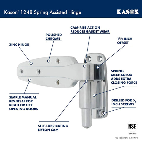 Spring Assisted Hinge with High Lift Cam System for Heavy Walk-In Doors, 1-3/8 Inch Offset, polished chrome finish