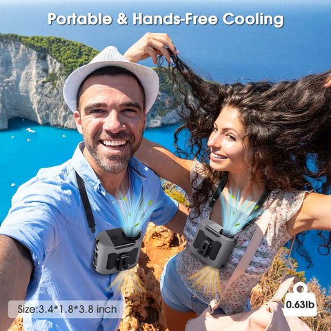 Two people wearing Rechargeable Wearable Waist Clip Fan With Light For All Day Cool Outdoor Jobs Camping Travel 16000 RPM