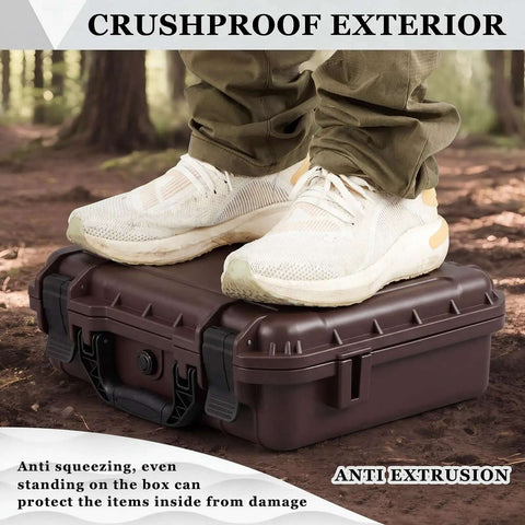 Kickass Heavy Duty Waterproof Hard Case With Custom Foam Insert And Foam Cutting Knife For Bulletproof Tool Storage And Hassle Free Travel Organization In Classic Brown Stripe Shell, shown with a foot standing on it.
