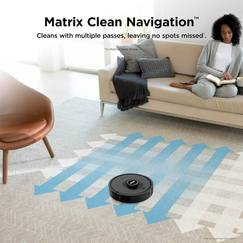 Robot Vacuum With Incredible Suction And Matrix Clean Navigation on carpet, demonstrating precise cleaning and home mapping.