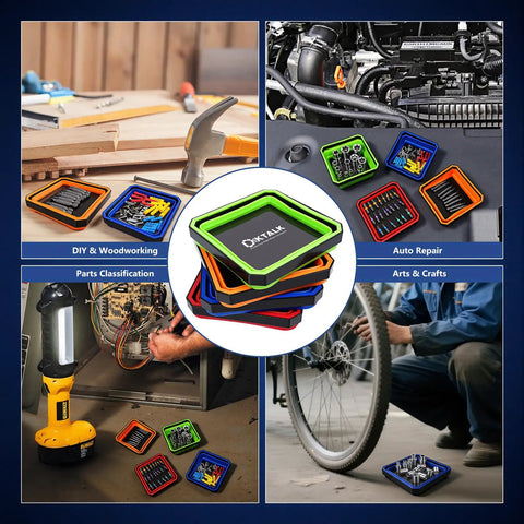 Foldable Magnetic Parts Tray Set 4 Pack Color Coded Collapsible Trays With 2 Pound Capacity And Strong Magnetic Base shown in use