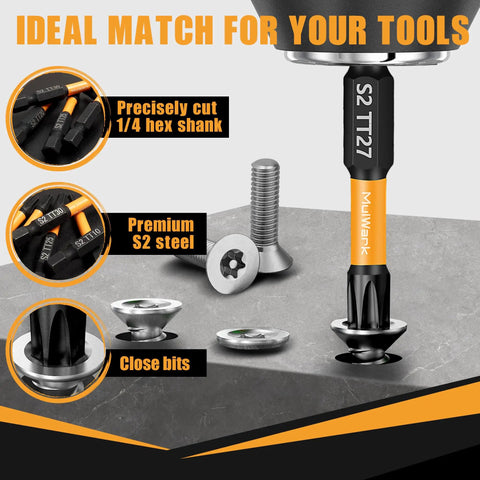 Torx Security Bit Set with 27 pieces including 1/4 inch hex shank, premium S2 steel, and screws for home repairs and projects.