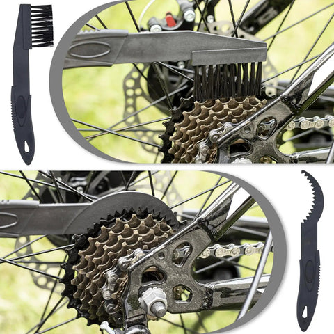 Gear brush cleaning bicycle chain with Bike Chain Cleaner Kit With Chain Lubricant And Biodegradable Degreaser, showing tools.