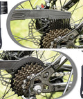 All In One Bike Cleaning Kit With Chain Cleaner Degreaser Chain Lube Scrubber And Brushes For Mountain MTB Road EBike And Trail Bikes To Keep Your Ride Fresh Clean And Ready To Roll showing angled cog brush on bike drivetrain