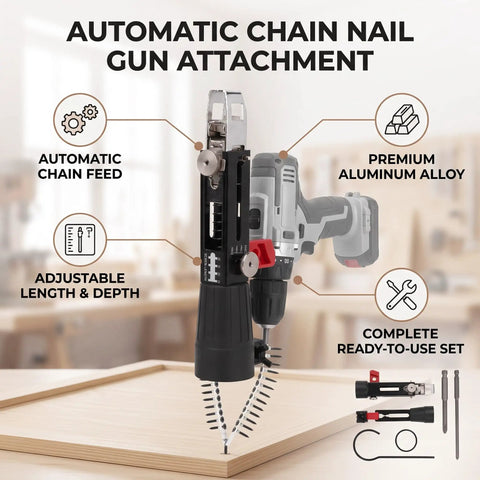 Heavy Duty Electric Drill Adapter For Automatic Chain Nailing Adjustable Screw Depth Woodworking Setup with automatic chain feed.