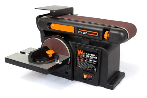 Badass Heavy Duty Workhorse Bench Grinder And Belt Sanders Combo With Variable Speed Motor and bright work lamp, featuring 4" x 36" belt.