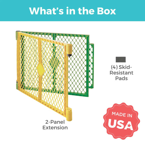 2 Panel Extension For Superyard Playpens Adds Extra Space To Your Baby Play Yard From 6 To 8 Panels Expands To About 7 Feet Across 65.5 Inch Length Colorplay, showing yellow and green panels with skid-resistant pads and Made in USA badge.