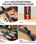 4 In 1 Drilling Positioning Jig With 14 Inch Adjustable T Square Ruler Multifunction Cabinet Hardware Jig For D I Y Woodworking Hole Punching Marking Measuring Leveling And Angle Setting For Drawer Doors shown being used for line marking, level, drilling, and angle measurement.
