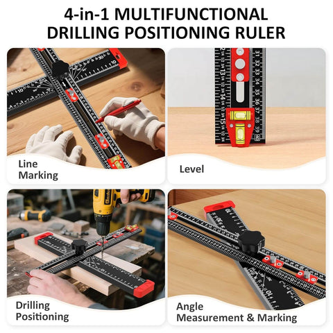 4 In 1 Drilling Positioning Jig With 14 Inch Adjustable T Square Ruler Multifunction Cabinet Hardware Jig For D I Y Woodworking Hole Punching Marking Measuring Leveling And Angle Setting For Drawer Doors shown being used for line marking, level, drilling, and angle measurement.