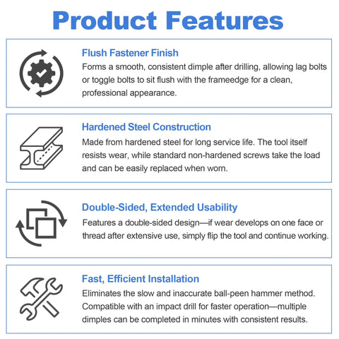Image detailing the features of the Pro Grade Door Frame Dimpling Tool Kit for Hardened Steel, Double Sided Design, including flush finish.
