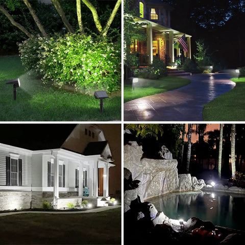 Solar Spot Lights Outdoor 6 Pack 65 LED Garden Pathway Lights IP68 Waterproof illuminating garden, house pathways, and poolside.