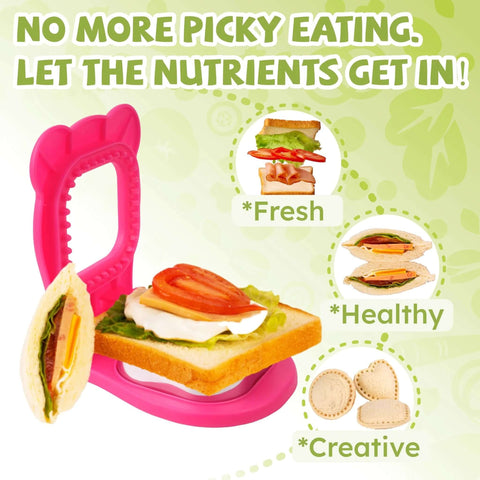Front view of pink square LEPCY Uncrustables sandwich sealer cutter for crustless PB&J
