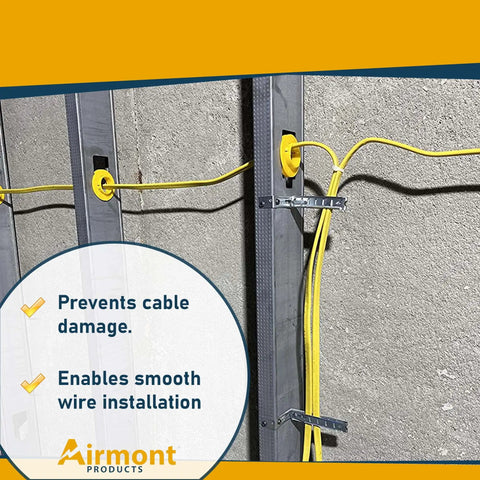 Top Shelf Plastic Stud Grommets For Metal Framing, Slick Wire Routing Protection, Hella Tough Polypropylene Cable Bushings installed on steel studs with yellow cables.