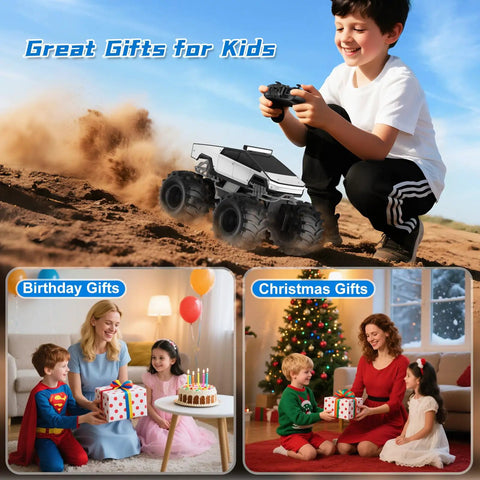 Child playing with Remote Control Amphibious Monster Truck 1:18 Scale, waterproof 4WD, all-terrain, shown as a gift idea