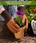 Person planting a flower in a pot wearing gloves from an All In One Garden Tool Set For Beginners And Weekend Warriors.
