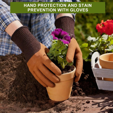 Person planting a flower in a pot wearing gloves from an All In One Garden Tool Set For Beginners And Weekend Warriors.
