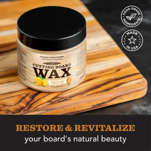 Two In One Wood Care For Cutting Boards And Butcher Block Surfaces With Beeswax And Food Grade Mineral Oil, 6 oz jar displayed.