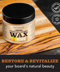 Cutting board with jar of cutting board wax, part of Three Step Cutting Board Care Kit With Soap Food Grade Mineral Oil And Wax For All Wood Boards Protects Against Cracking Warping And Stains Keeps Your Kitchen Looking Fresh And Natural Chemical Free.