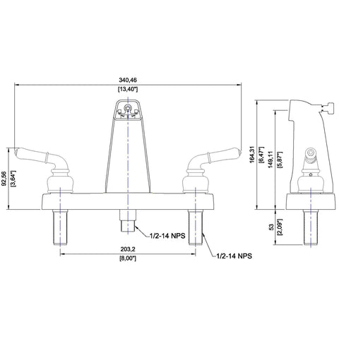 Technical diagram of Two Handle Tub Shower Diverter With Chrome Finish And Lever Stops 8 Inch 3 Hole Installation.