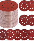 5-inch red sanding discs with hook-and-loop backing, perforated holes, assorted grits 40–800, 70-piece set