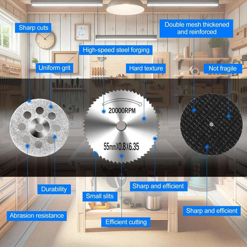 Auxiren 44-piece cutting wheel kit for Dremel rotary tools; includes metal saw blade and abrasive discs