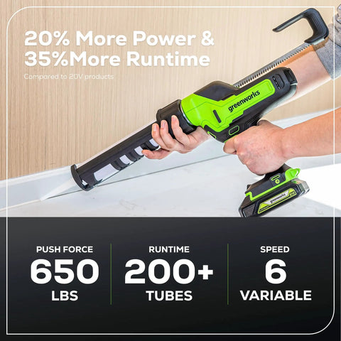 Person using Cordless 24V Caulk And Adhesive Gun With 10 Oz Cartridge, 6-Speed Variable Flow on a countertop