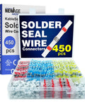 All In One Solder Seal Wire Connector Kit With KableSeal Tech 450 Pieces AWG 26-10 Marine Grade Heat Shrink Insulated Solderless Splice Waterproof Butt Terminals UL Listed in open box with colorful connectors.
