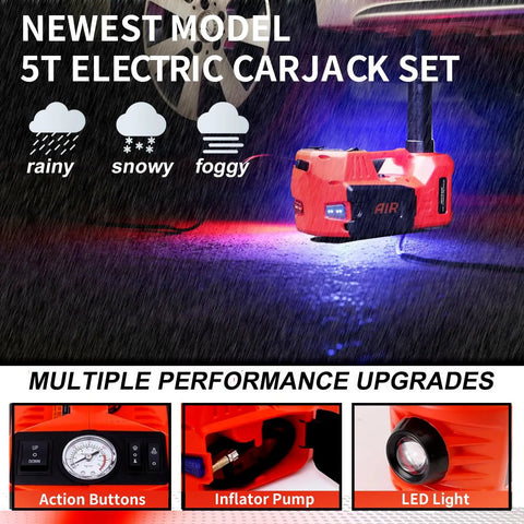 Rogtz 5 Ton Electric Hydraulic Car Jack Kit With Impact Wrench And Tire Inflator Pump Fast Auto Lift For Sedans Suv Trucks 12V Portable Tools Heavy Duty quick tire change easy use safe with LED light