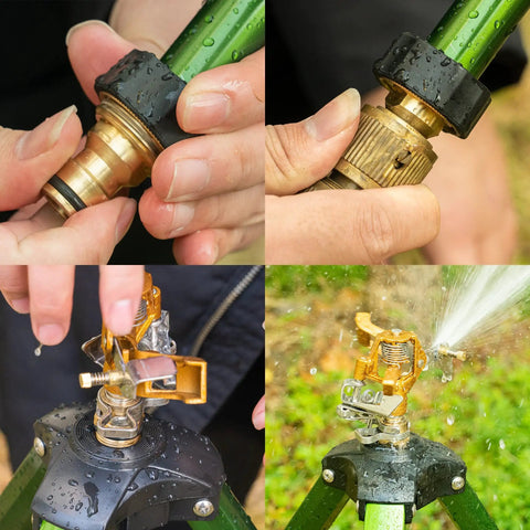 Close-up of impact sprinkler with tripod base, showing 3/4 inch brass connector and adjustable spray angle for lawn and garden