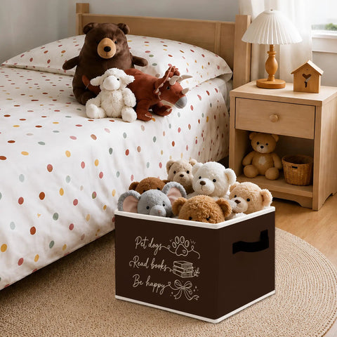 Hella Spacious Foldable Storage Bins With Heavy Duty Handles For Multipurpose Collapsible Home Organization holding stuffed animals.