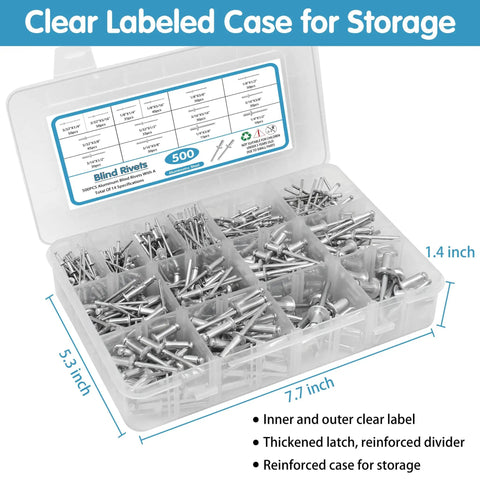 500 Piece Pop Rivets Assortment Kit With Fourteen SAE Sizes Aluminum And Steel Blind Rivets in labeled storage case.