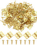 Gold Mini Hinges Set 30 Piece Tiny 13x12mm Brass Butt Hinges With 180 Degree Rotation For Wooden Boxes Jewelry Boxes Dollhouses And DIY Projects Includes Screws For Tiny Builds: Top view of hinges and screws