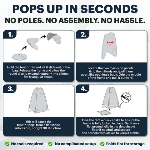 Instructions for setting up Pop Up Privacy Tent With Mesh Floor For Quick Outdoor Shower, Changing Room, Private Shelter. No tools needed.