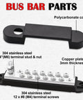 Bulletproof 12V 150A Bus Bar With Secure Snap Terminals And Genuine Copper Core parts view showing copper plate and stainless steel components.