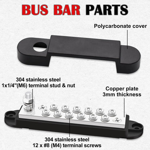 Bulletproof 12V 150A Bus Bar With Secure Snap Terminals And Genuine Copper Core parts view showing copper plate and stainless steel components.