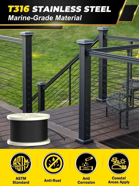 1/8 Black Stainless Steel Cable 500 ft Heavy Duty 7x7 Core for DIY Deck Railing Indoor Outdoor Use Rust Resistant Marine Grade