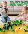 Kids playing with Kid Friendly Upgrade Remote Control Tractor Playset With Front Loader Trailer And Working Lights 2.4GHz RC Farm Vehicle Toys For Kids Aged 3 To 9 Years Birthday Gift, showing detailed green tractor with animals.