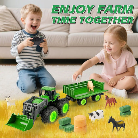 Kids playing with Kid Friendly Upgrade Remote Control Tractor Playset With Front Loader Trailer And Working Lights 2.4GHz RC Farm Vehicle Toys For Kids Aged 3 To 9 Years Birthday Gift, showing detailed green tractor with animals.