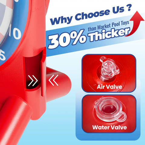 Close-up of red Inflatable Dart Board Pool Toy for Kids and Adults, Water Target Game Float Safe PVC, air and water valve valves.